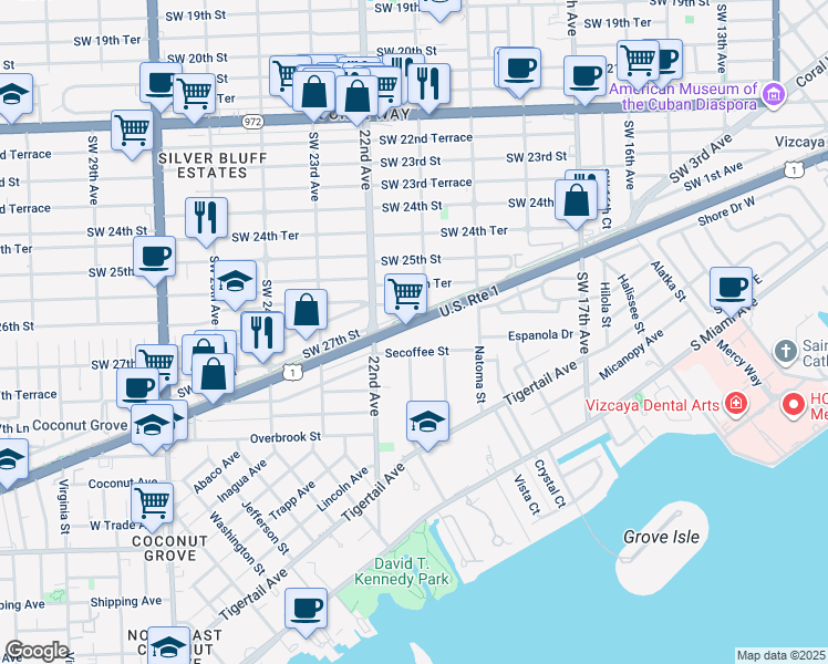 map of restaurants, bars, coffee shops, grocery stores, and more near 2150 South Dixie Highway in Miami