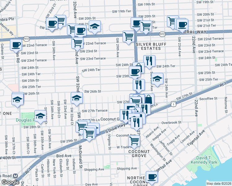 map of restaurants, bars, coffee shops, grocery stores, and more near 2924 Southwest 26th Street in Miami