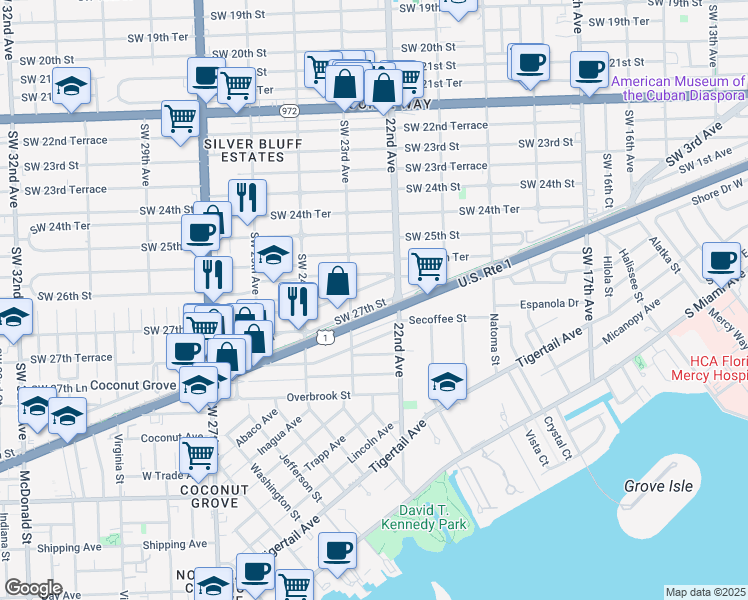 map of restaurants, bars, coffee shops, grocery stores, and more near 43 M-Path in Miami