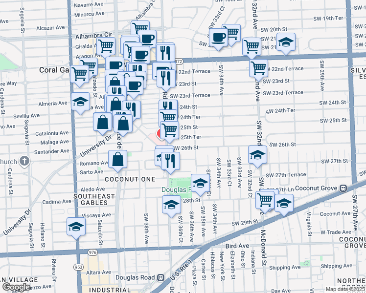 map of restaurants, bars, coffee shops, grocery stores, and more near 3631 Southwest 26th Street in Miami