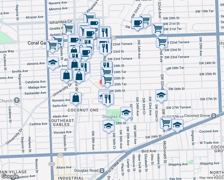 map of restaurants, bars, coffee shops, grocery stores, and more near 3631 Southwest 26th Street in Miami