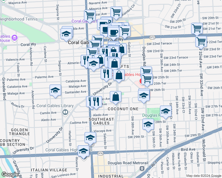 map of restaurants, bars, coffee shops, grocery stores, and more near 216 Santander Avenue in Coral Gables