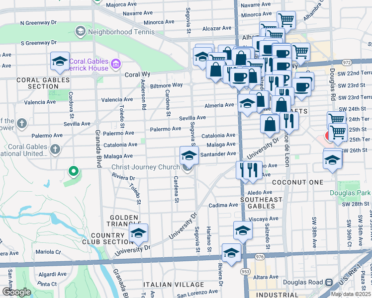 map of restaurants, bars, coffee shops, grocery stores, and more near in Coral Gables