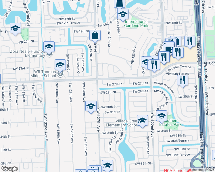 map of restaurants, bars, coffee shops, grocery stores, and more near 12524 Southwest 27th Street in Miami