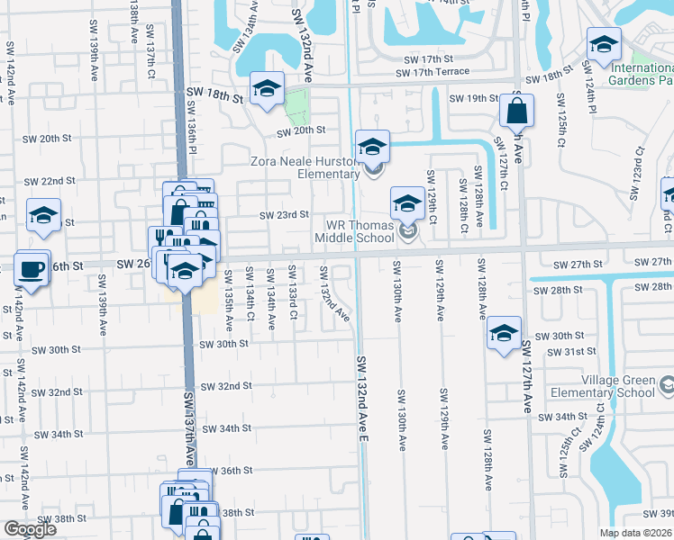map of restaurants, bars, coffee shops, grocery stores, and more near 13127 Southwest 27th Street in Miami