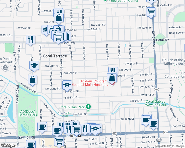 map of restaurants, bars, coffee shops, grocery stores, and more near 6330 Southwest 29th Street in Miami