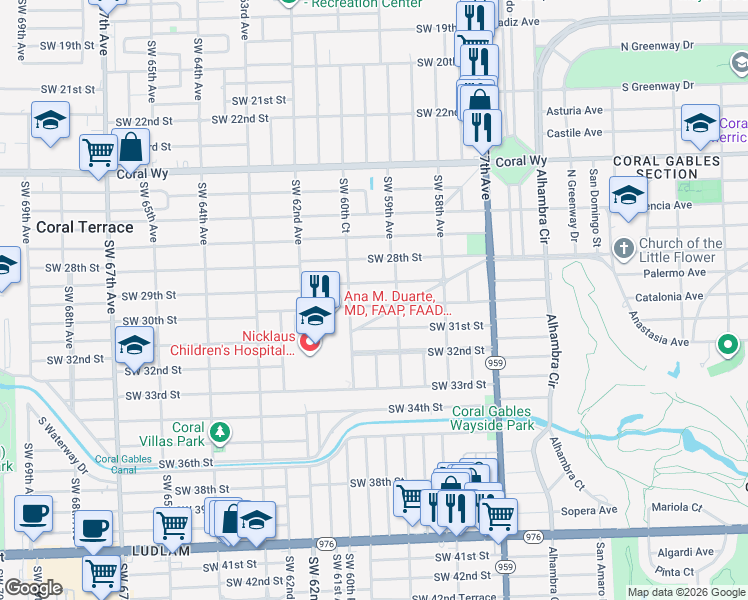 map of restaurants, bars, coffee shops, grocery stores, and more near 5947 Southwest 30th Street in Miami