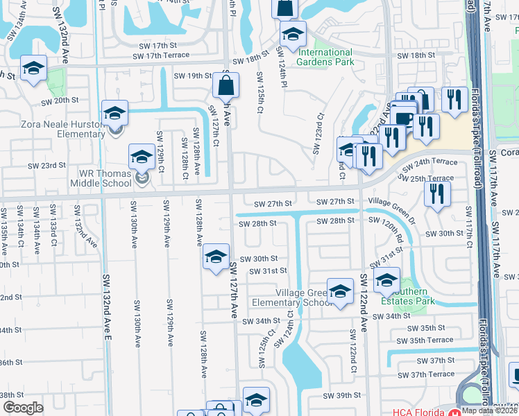 map of restaurants, bars, coffee shops, grocery stores, and more near 12524 Southwest 27th Street in Miami