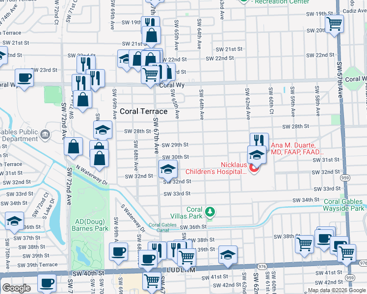 map of restaurants, bars, coffee shops, grocery stores, and more near 6480 Southwest 29th Street in Miami