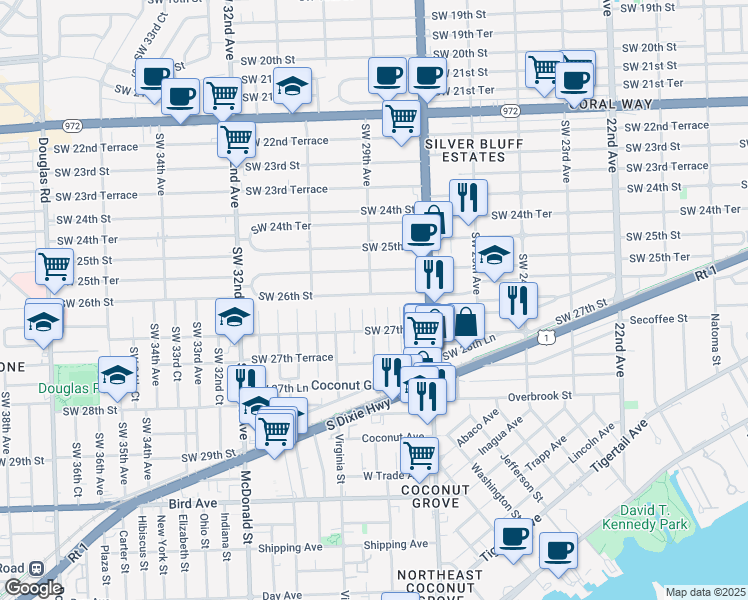 map of restaurants, bars, coffee shops, grocery stores, and more near 2870 Southwest 26th Street in Miami