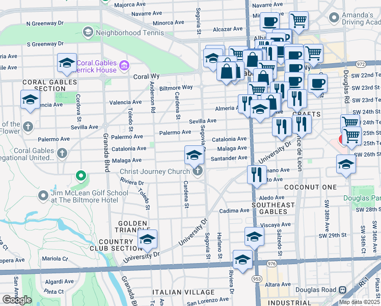 map of restaurants, bars, coffee shops, grocery stores, and more near 646 Malaga Avenue in Coral Gables