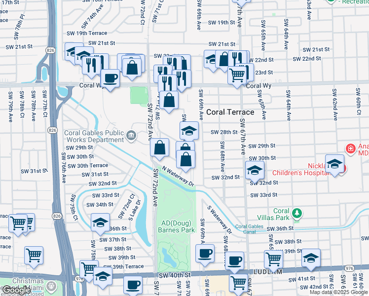 map of restaurants, bars, coffee shops, grocery stores, and more near 2811 Southwest 70th Avenue in Miami