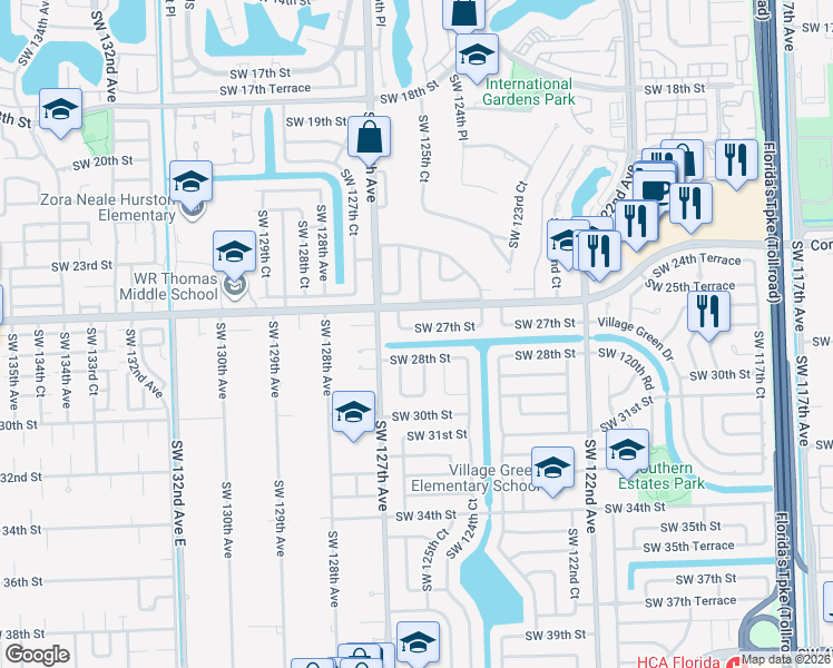 map of restaurants, bars, coffee shops, grocery stores, and more near 12524 Southwest 27th Street in Miami