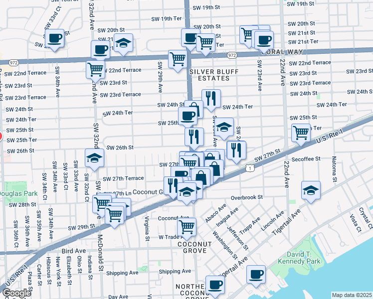 map of restaurants, bars, coffee shops, grocery stores, and more near 2600 Southwest 27th Avenue in Miami