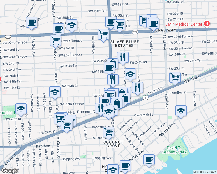 map of restaurants, bars, coffee shops, grocery stores, and more near 2600 Southwest 27th Avenue in Miami