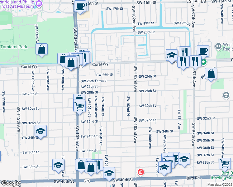 map of restaurants, bars, coffee shops, grocery stores, and more near 10340 Southwest 28th Street in Miami
