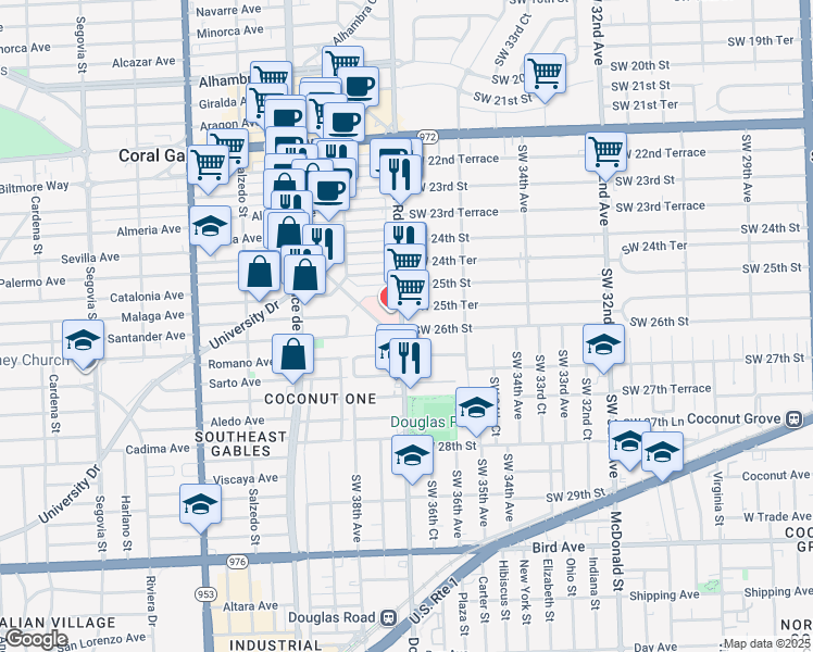 map of restaurants, bars, coffee shops, grocery stores, and more near in Coral Gables