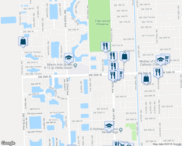 map of restaurants, bars, coffee shops, grocery stores, and more near 14896 Southwest 25th Lane in Miami