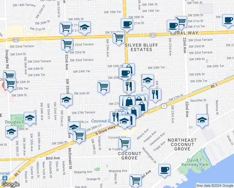 map of restaurants, bars, coffee shops, grocery stores, and more near 2800 Southwest 26th Street in Miami