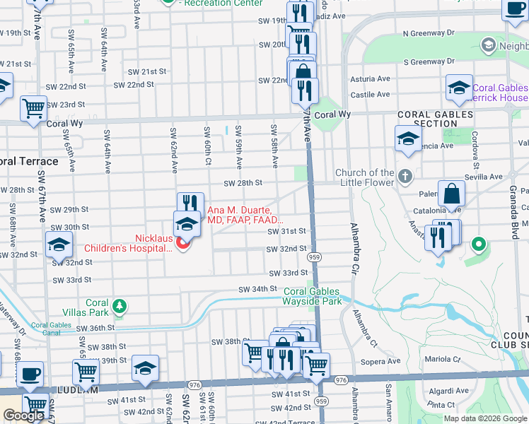 map of restaurants, bars, coffee shops, grocery stores, and more near 5838 Devonshire Boulevard in Miami
