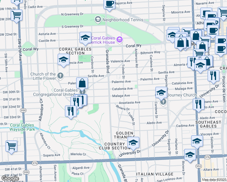 map of restaurants, bars, coffee shops, grocery stores, and more near 940 Catalonia Avenue in Coral Gables