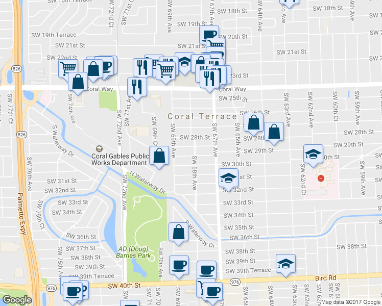 map of restaurants, bars, coffee shops, grocery stores, and more near 6801 Southwest 29th Street in Miami
