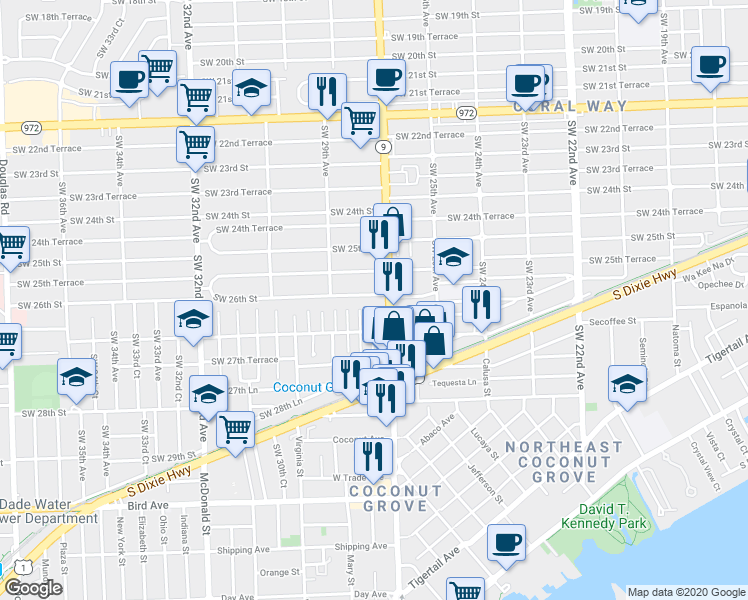 map of restaurants, bars, coffee shops, grocery stores, and more near 2635 Southwest 27th Avenue in Miami