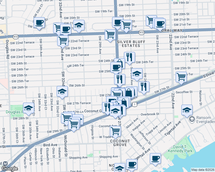 map of restaurants, bars, coffee shops, grocery stores, and more near 2800 Southwest 26th Street in Miami
