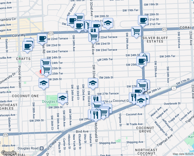 map of restaurants, bars, coffee shops, grocery stores, and more near 3184 Southwest 26th Street in Miami
