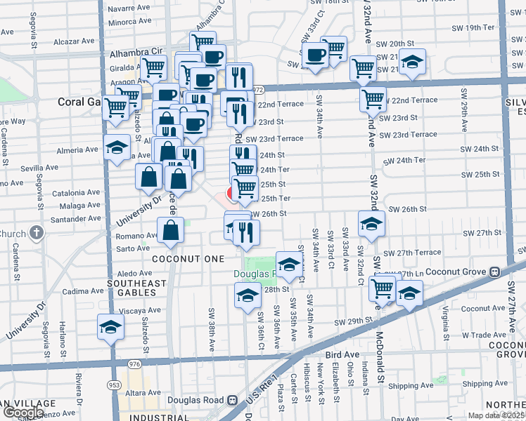 map of restaurants, bars, coffee shops, grocery stores, and more near 3631 Southwest 26th Street in Miami