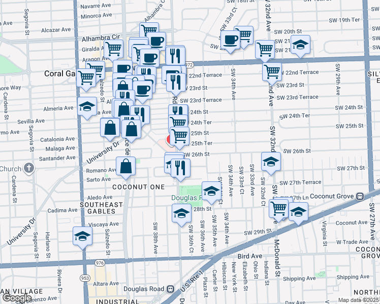 map of restaurants, bars, coffee shops, grocery stores, and more near 3631 Southwest 26th Street in Miami