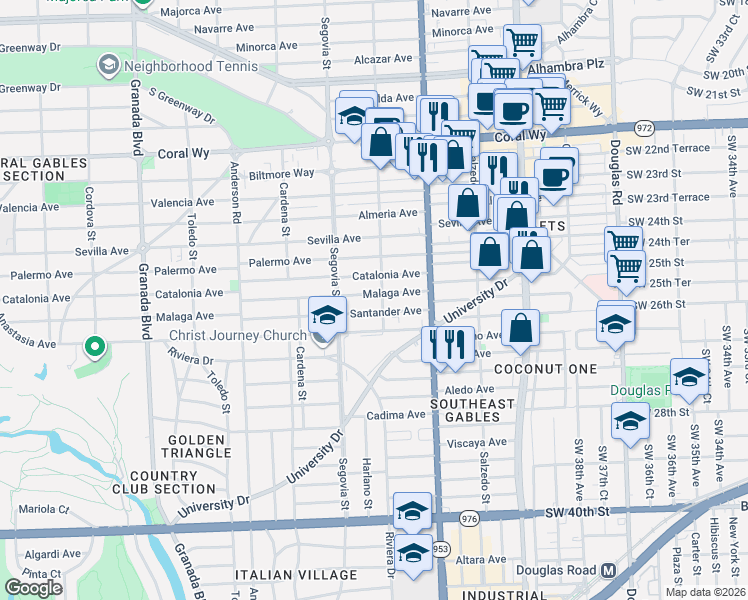 map of restaurants, bars, coffee shops, grocery stores, and more near 511 Santander Avenue in Coral Gables