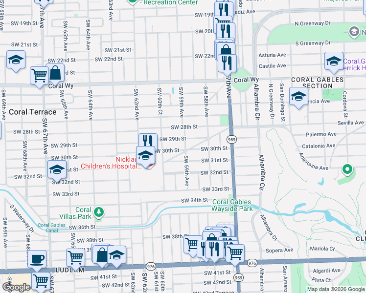 map of restaurants, bars, coffee shops, grocery stores, and more near 5947 Southwest 30th Street in Miami