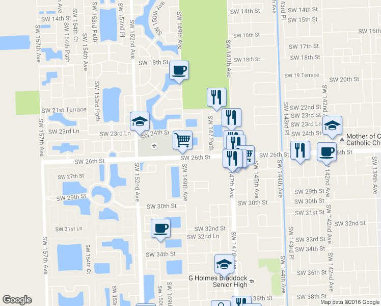 map of restaurants, bars, coffee shops, grocery stores, and more near 14896 Southwest 25th Lane in Miami