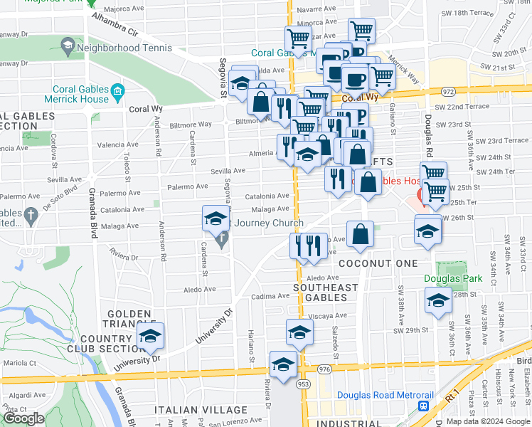 map of restaurants, bars, coffee shops, grocery stores, and more near 444 Malaga Avenue in Coral Gables