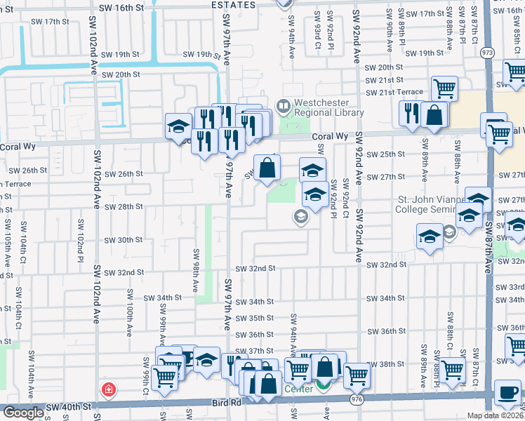 map of restaurants, bars, coffee shops, grocery stores, and more near 9393 Southwest 29th Terrace in Miami