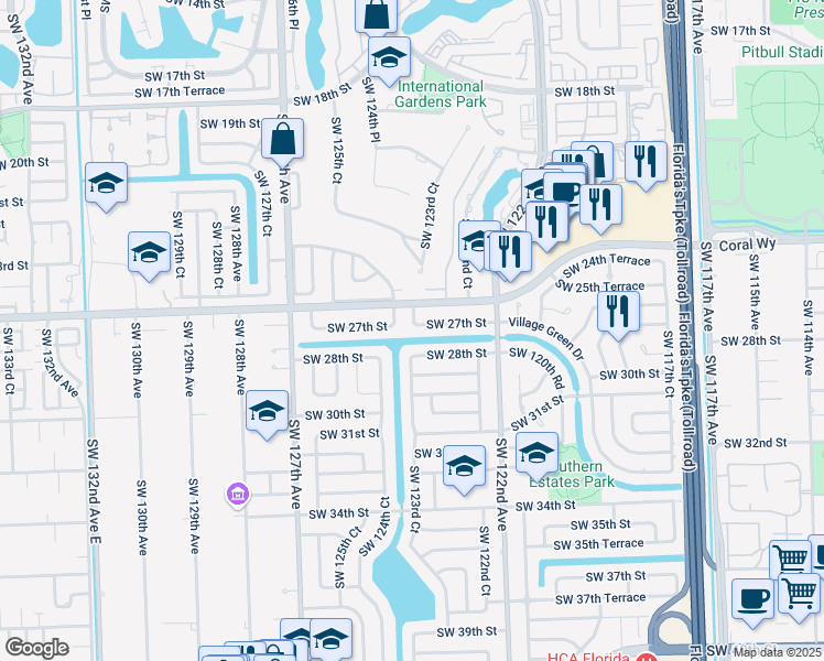 map of restaurants, bars, coffee shops, grocery stores, and more near 12344 Southwest 27th Street in Miami
