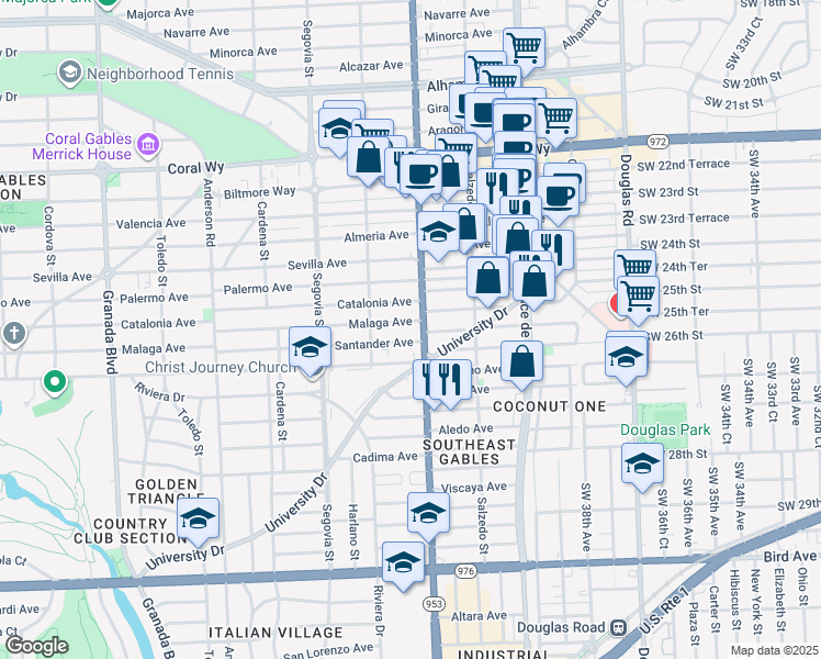 map of restaurants, bars, coffee shops, grocery stores, and more near 427 Santander Avenue in Coral Gables