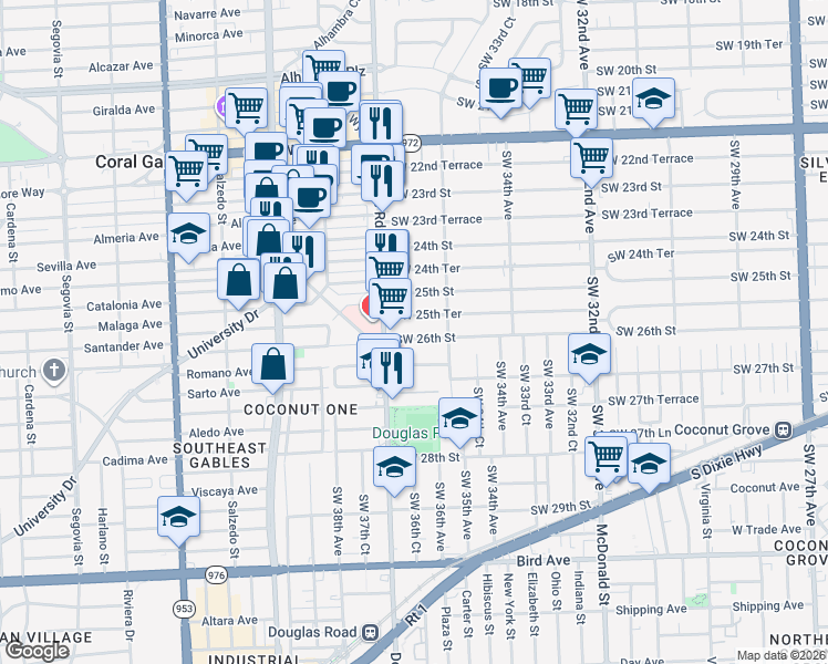 map of restaurants, bars, coffee shops, grocery stores, and more near 3653 Southwest 26th Street in Miami