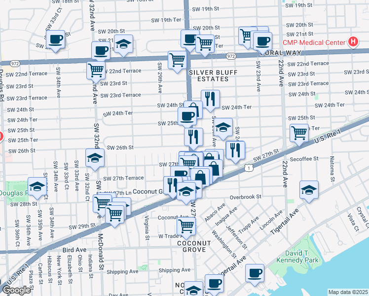 map of restaurants, bars, coffee shops, grocery stores, and more near 2635 Southwest 27th Avenue in Miami
