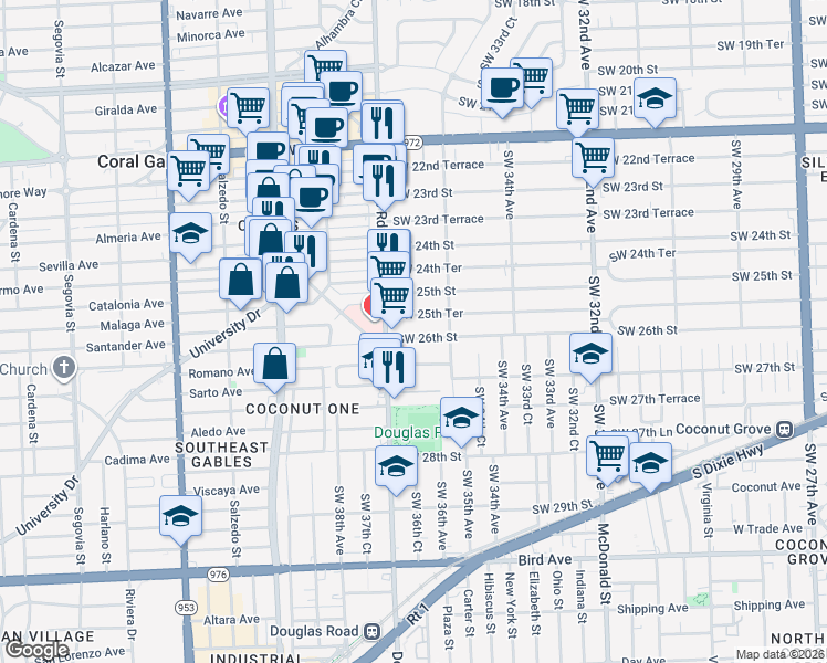 map of restaurants, bars, coffee shops, grocery stores, and more near 3631 Southwest 26th Street in Miami