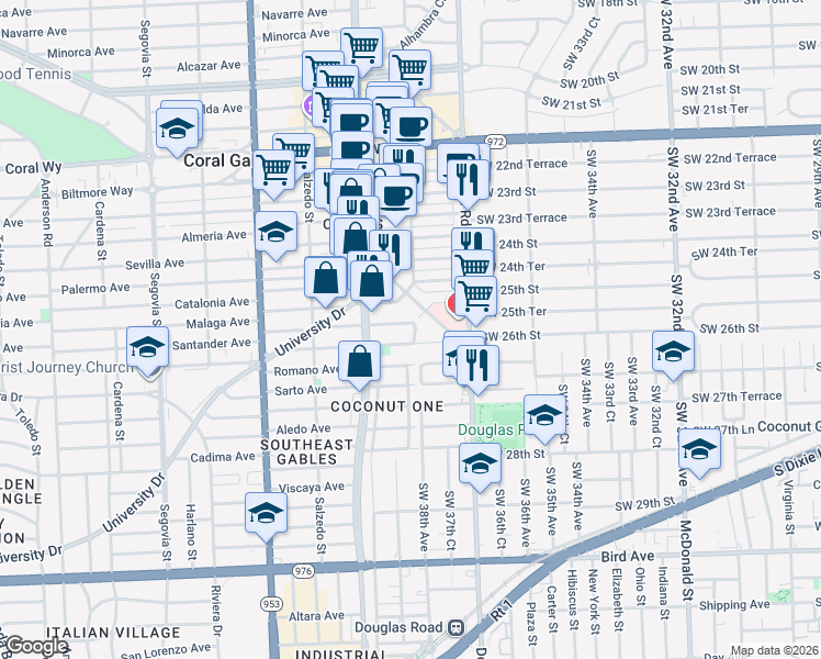 map of restaurants, bars, coffee shops, grocery stores, and more near 41 San Sebastian Avenue in Coral Gables