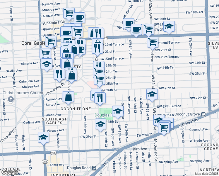 map of restaurants, bars, coffee shops, grocery stores, and more near 3631 Southwest 26th Street in Miami