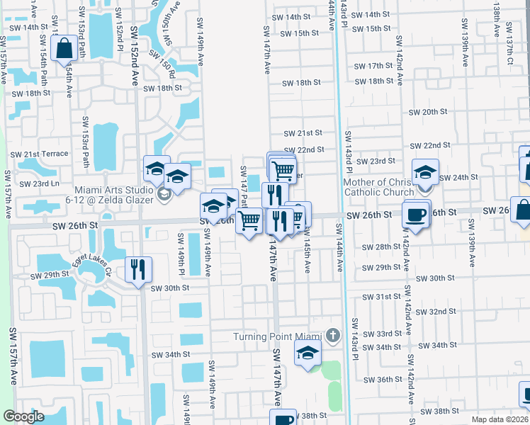 map of restaurants, bars, coffee shops, grocery stores, and more near 14732 Southwest 25th Lane in Miami