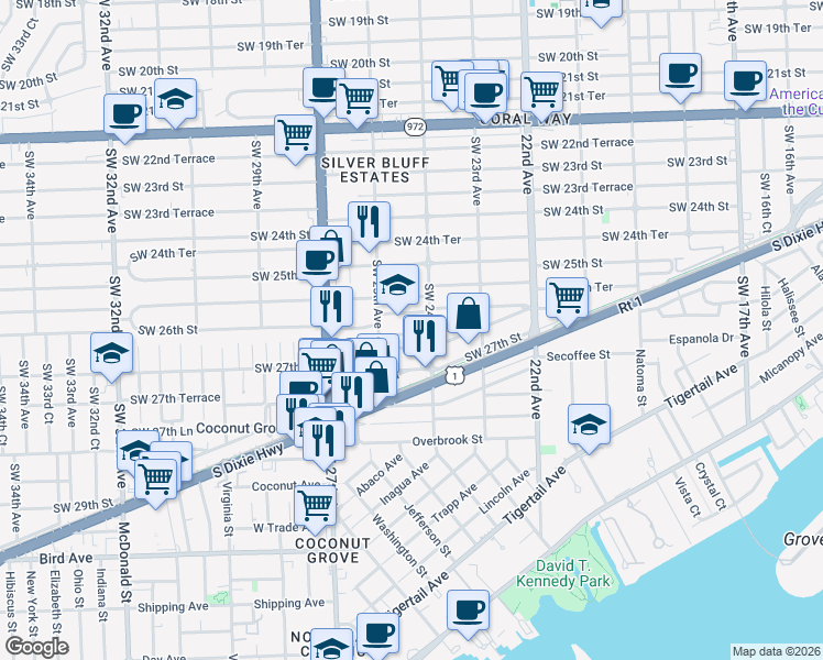 map of restaurants, bars, coffee shops, grocery stores, and more near 2475 Southwest 26th Lane in Miami