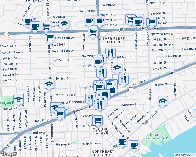 map of restaurants, bars, coffee shops, grocery stores, and more near 2635 Southwest 27th Avenue in Miami