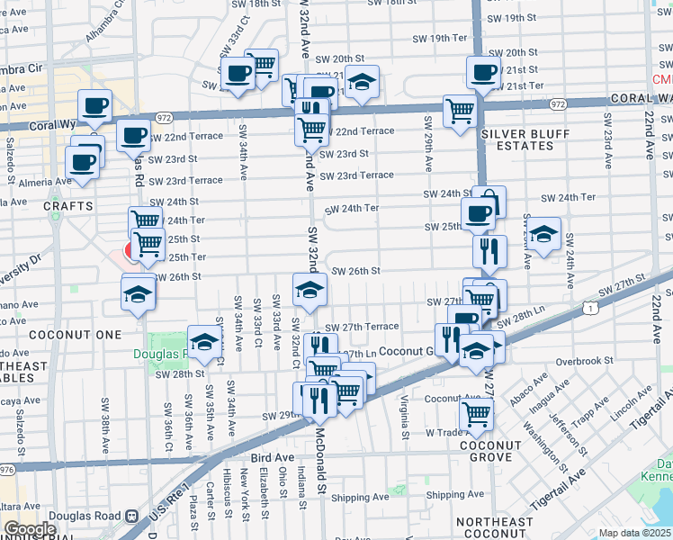 map of restaurants, bars, coffee shops, grocery stores, and more near 3184 Southwest 26th Street in Miami