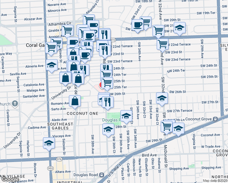 map of restaurants, bars, coffee shops, grocery stores, and more near 3631 Southwest 26th Street in Miami