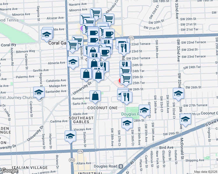 map of restaurants, bars, coffee shops, grocery stores, and more near 41 San Sebastian Avenue in Coral Gables