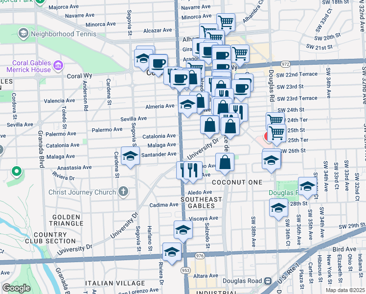 map of restaurants, bars, coffee shops, grocery stores, and more near 351 Santander Avenue in Coral Gables